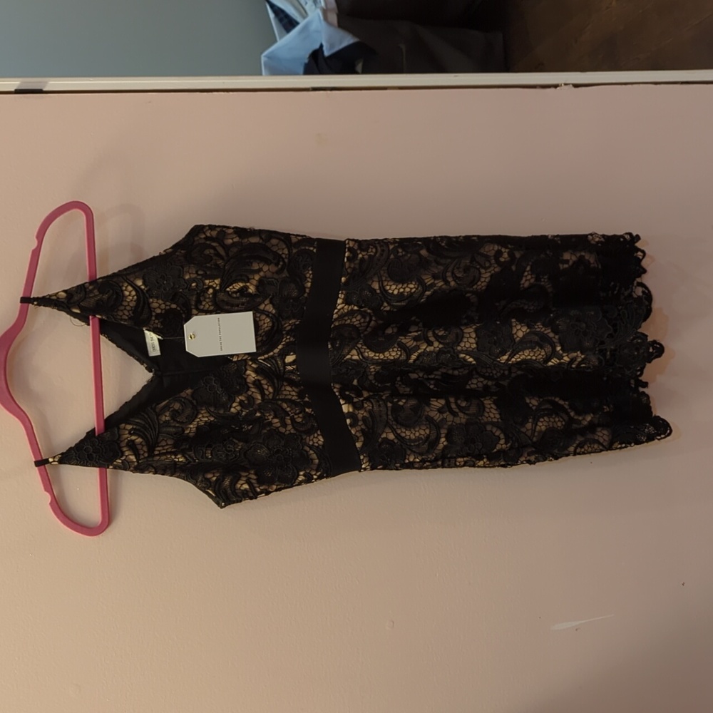 Dress the population black lace overlay mini dress